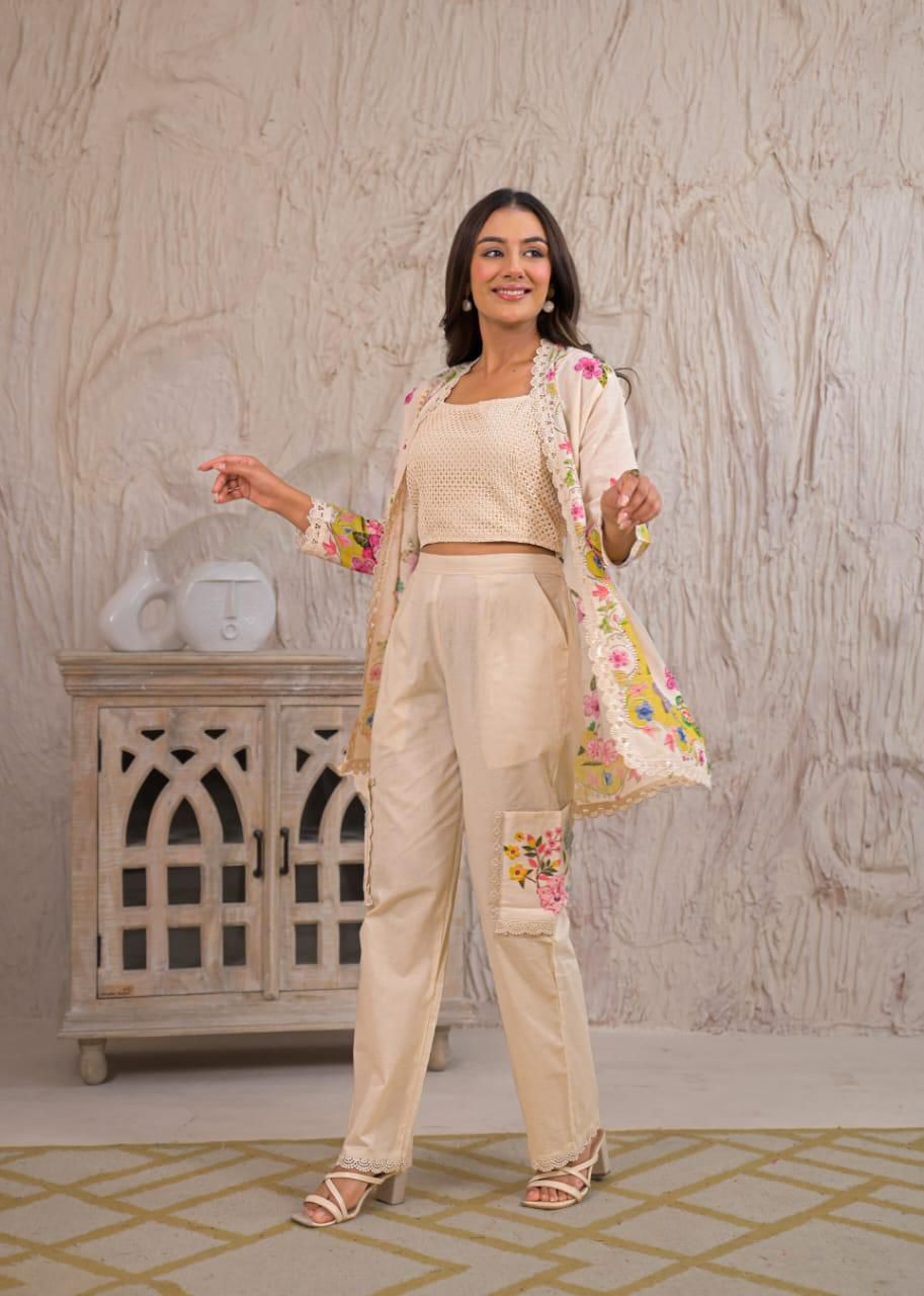 Women Rayon Stylish Co-Ord Set – Trendy Summer Travel Outfit | Lightweight 3 Piece Dress For Holiday Look & Puja | Floral Printed Co-Ord Set