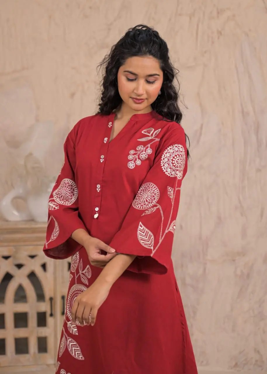 Cotton Embroidered Kurta Set | A-Line Kurti with Palazzo & Dupatta | 3-Piece Suit Set | Hand Work Detailing | Ethnic Wear for Festive & Casual Occasions