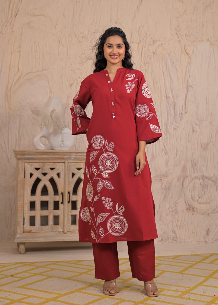 Cotton Embroidered Kurta Set | A-Line Kurti with Palazzo & Dupatta | 3-Piece Suit Set | Hand Work Detailing | Ethnic Wear for Festive & Casual Occasions - Image 3