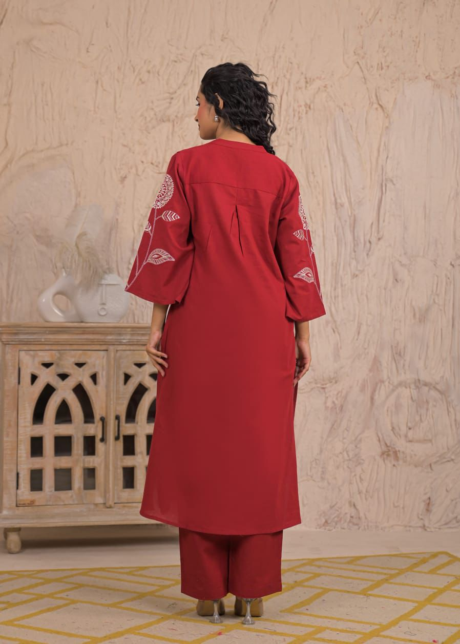 Cotton Embroidered Kurta Set | A-Line Kurti with Palazzo & Dupatta | 3-Piece Suit Set | Hand Work Detailing | Ethnic Wear for Festive & Casual Occasions - Image 4