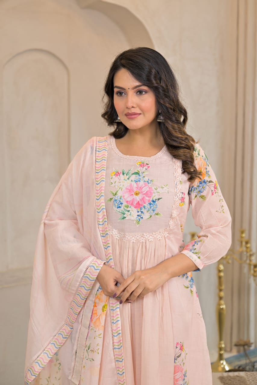 Women's Pure Cotton Embroidered Anarkali Kurta & Pant with Dupatta Set