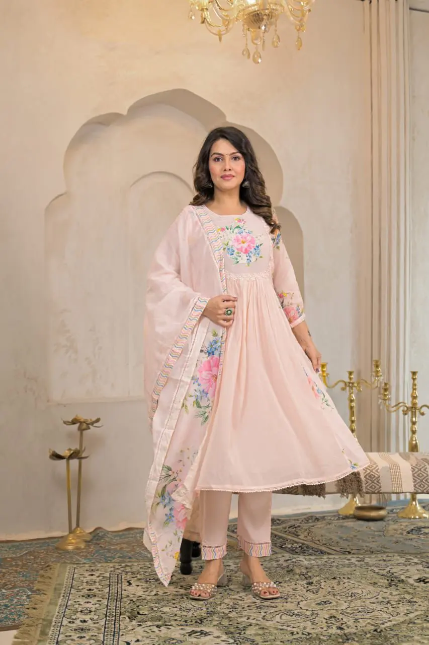 Women's Pure Cotton Embroidered Anarkali Kurta & Pant with Dupatta Set