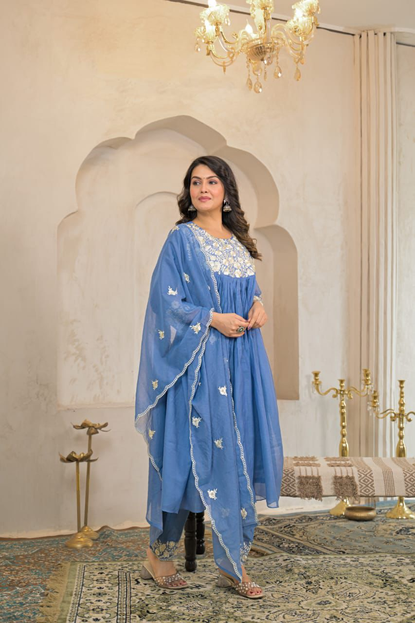 Women's Cotton Printed Embrodriery Anarkali Kurta with Palazzo & Dupatta Set - Image 2