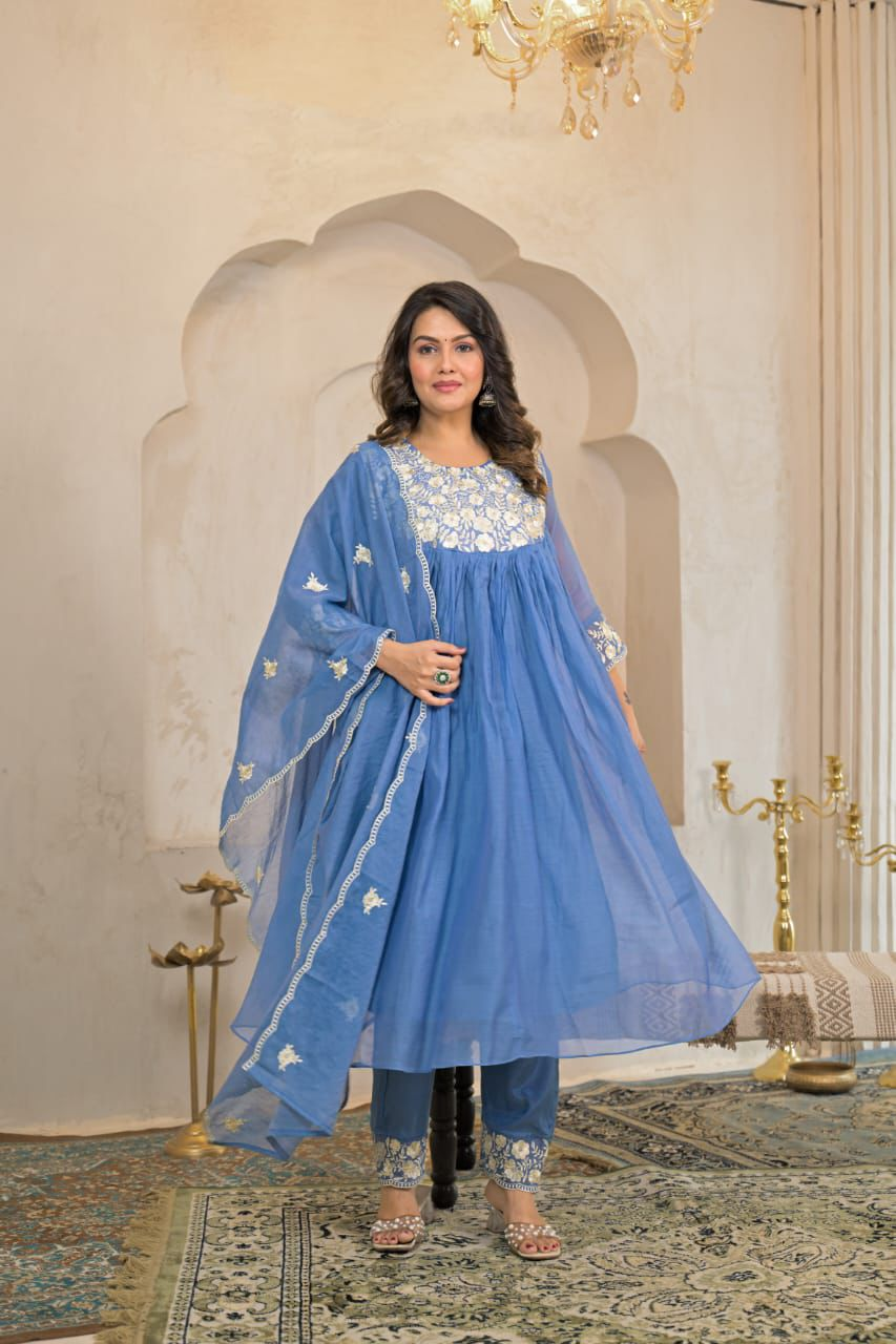 Women's Cotton Printed Embrodriery Anarkali Kurta with Palazzo & Dupatta Set - Image 3