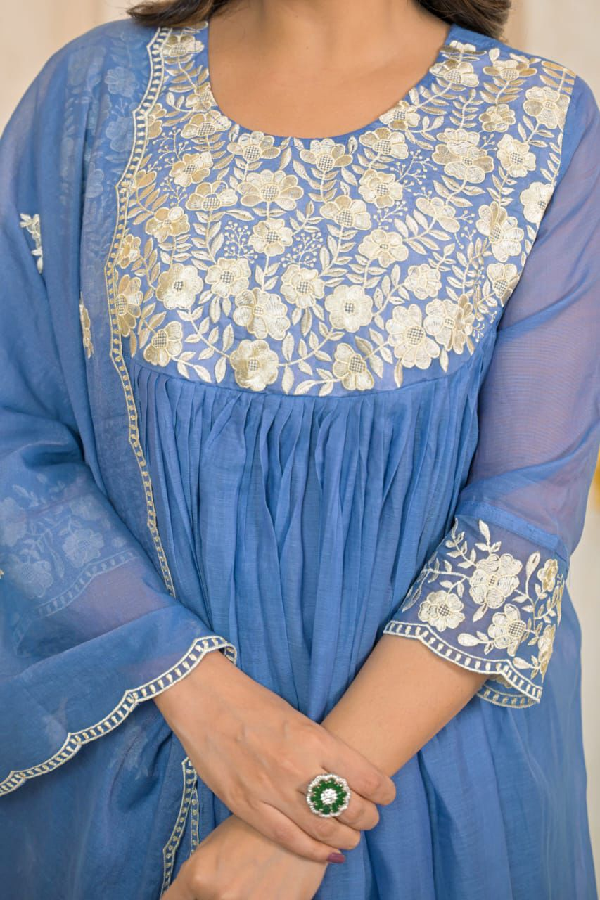 Women's Cotton Printed Embrodriery Anarkali Kurta with Palazzo & Dupatta Set
