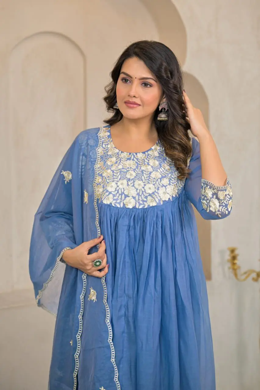Women's Cotton Printed Embrodriery Anarkali Kurta with Palazzo & Dupatta Set