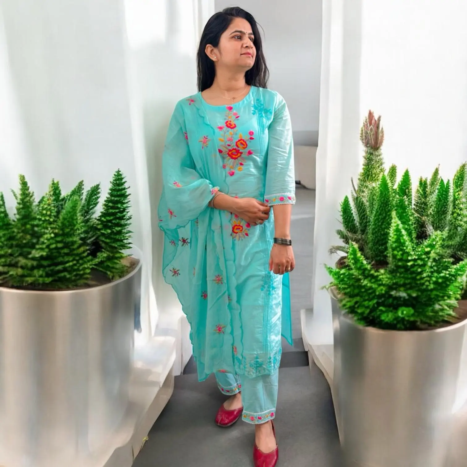 Pure Cotton Red Bouti Three-Piece Suit for Women